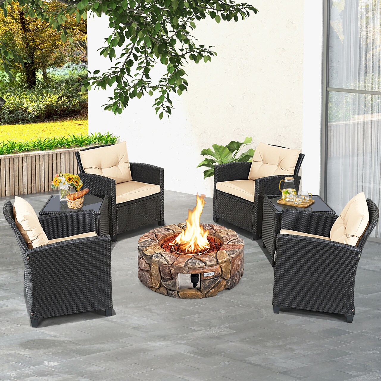Rattan furniture with fire discount pit